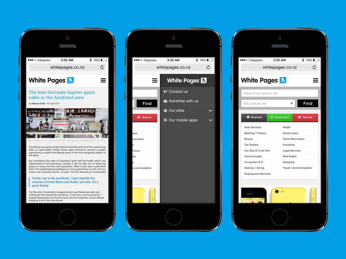 White Pages - three mobile views