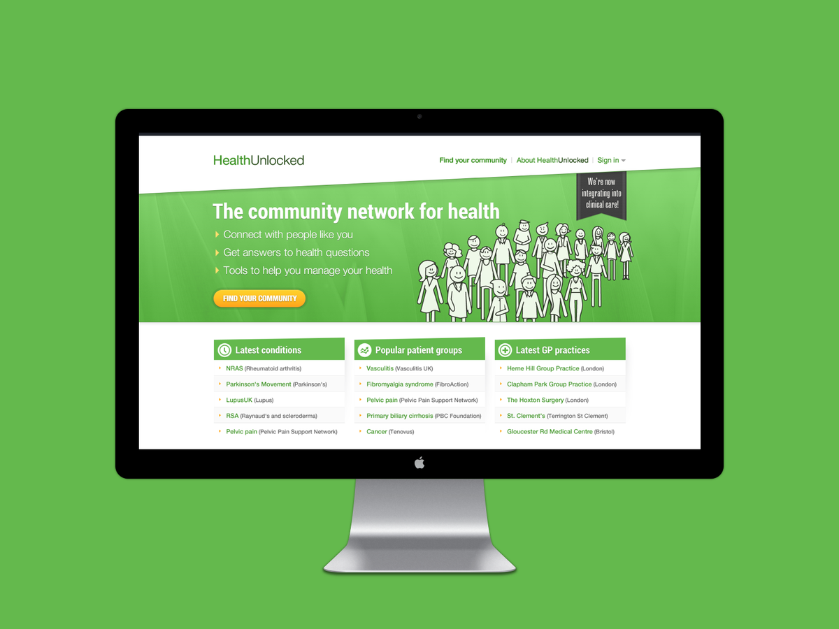 HealthUnlocked - homepage in monitor